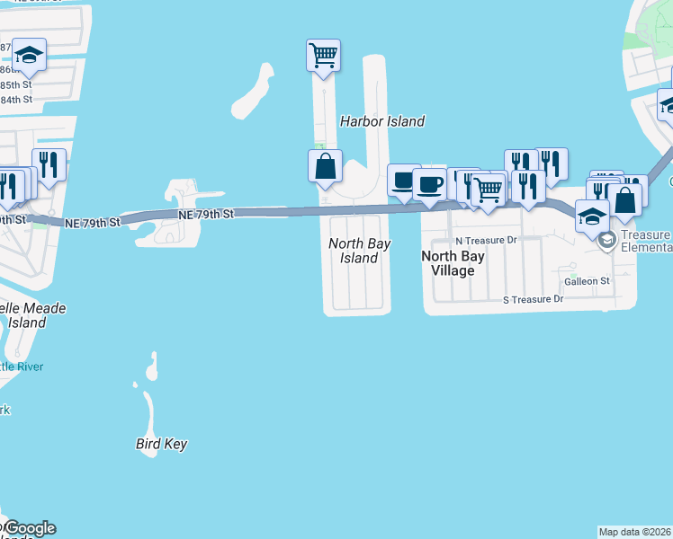 map of restaurants, bars, coffee shops, grocery stores, and more near 7620 Miami View Drive in North Bay Village
