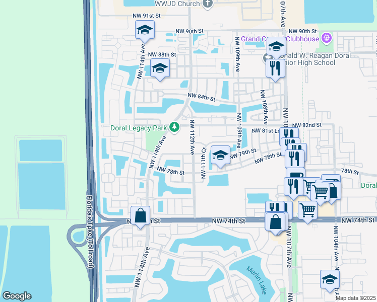 map of restaurants, bars, coffee shops, grocery stores, and more near 11229 Northwest 79th Lane in Medley