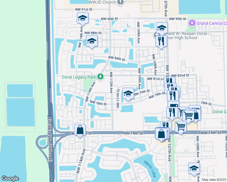 map of restaurants, bars, coffee shops, grocery stores, and more near 11229 Northwest 79th Lane in Medley