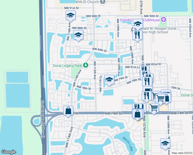 map of restaurants, bars, coffee shops, grocery stores, and more near 11229 Northwest 79th Lane in Medley