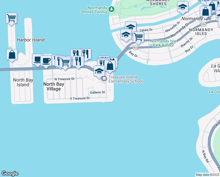 map of restaurants, bars, coffee shops, grocery stores, and more near 7525 East Treasure Drive in North Bay Village