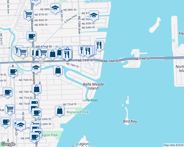 map of restaurants, bars, coffee shops, grocery stores, and more near 1036 Northeast 78th Road in Miami
