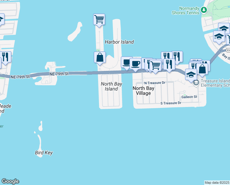 map of restaurants, bars, coffee shops, grocery stores, and more near in North Bay Village