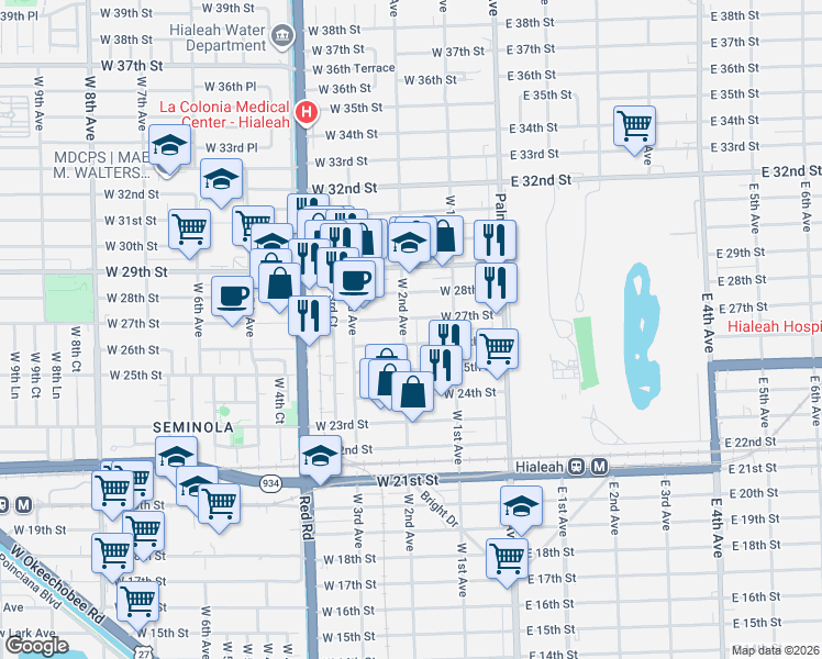 map of restaurants, bars, coffee shops, grocery stores, and more near 190 West 28th Street in Hialeah