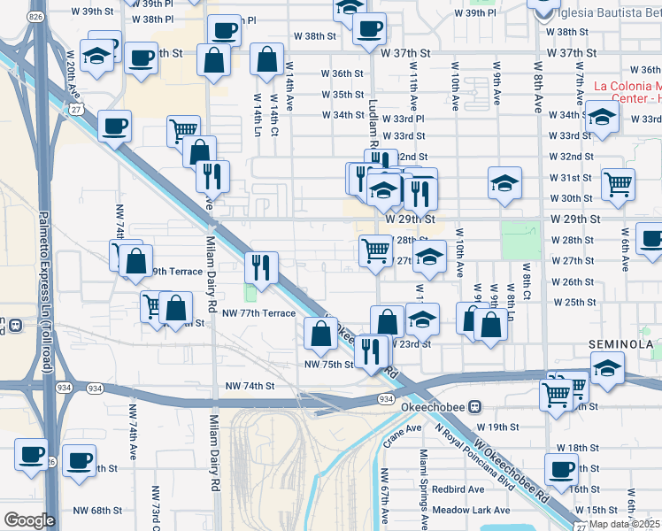 map of restaurants, bars, coffee shops, grocery stores, and more near 1305 West 26th Place in Hialeah