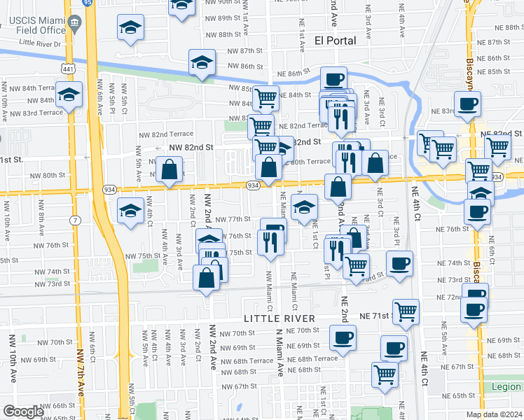 map of restaurants, bars, coffee shops, grocery stores, and more near 25 Northwest 78th Street in Miami