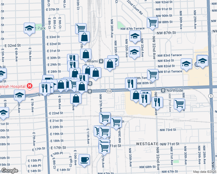 map of restaurants, bars, coffee shops, grocery stores, and more near 7995 Northwest 37th Avenue in Miami