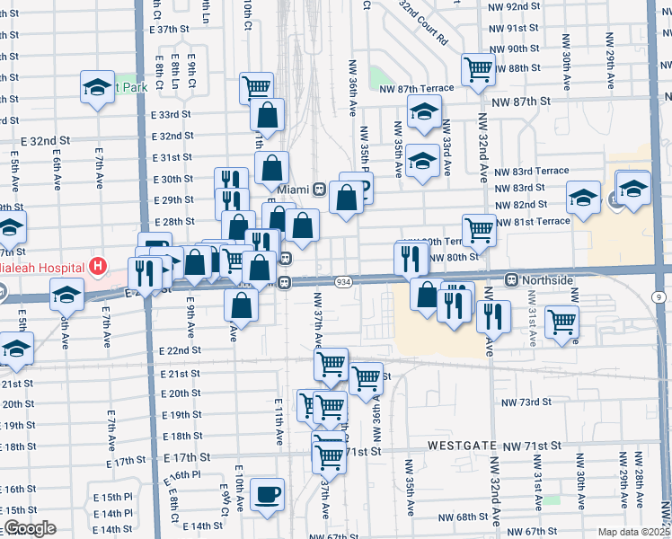 map of restaurants, bars, coffee shops, grocery stores, and more near 7995 Northwest 37th Avenue in Miami