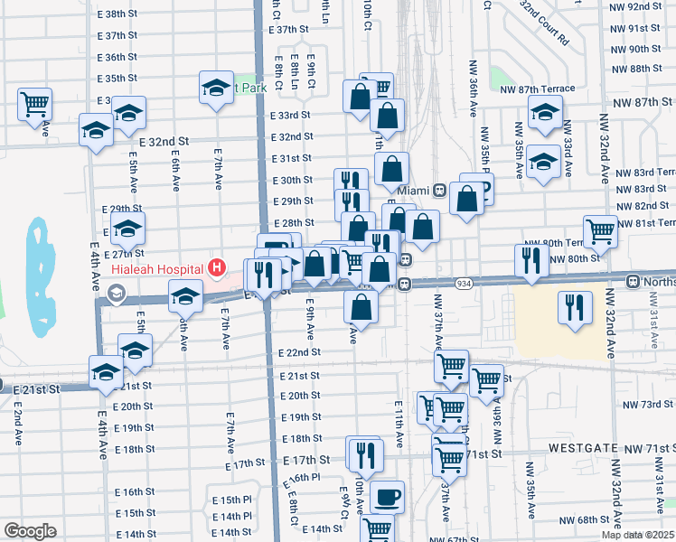 map of restaurants, bars, coffee shops, grocery stores, and more near 931 East 26th Street in Hialeah