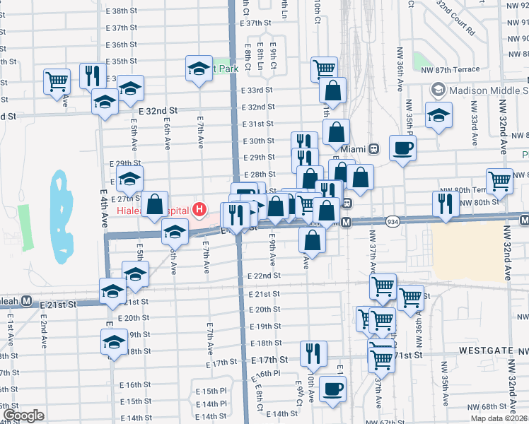 map of restaurants, bars, coffee shops, grocery stores, and more near 861 East 26th Street in Hialeah