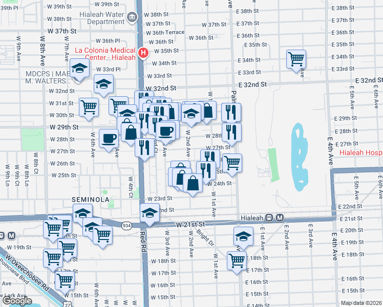 map of restaurants, bars, coffee shops, grocery stores, and more near 190 West 28th Street in Hialeah