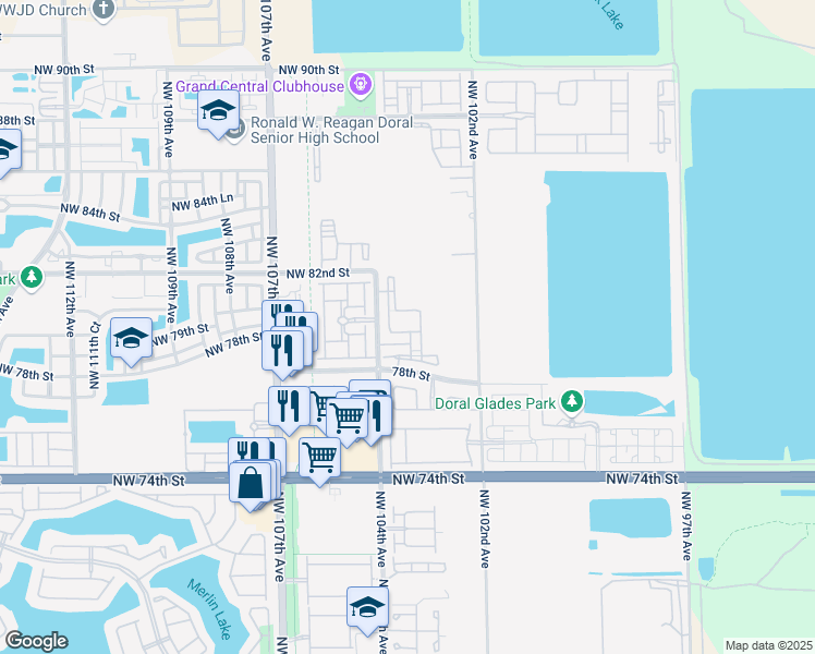 map of restaurants, bars, coffee shops, grocery stores, and more near 8195 Northwest 104th Avenue in Doral