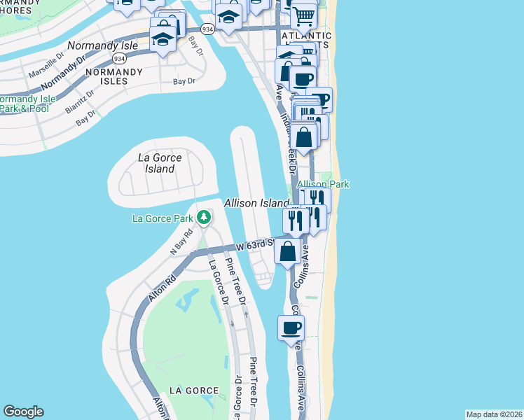 map of restaurants, bars, coffee shops, grocery stores, and more near in Miami Beach