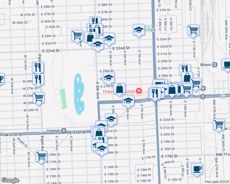 map of restaurants, bars, coffee shops, grocery stores, and more near 492 East 27th Street in Hialeah