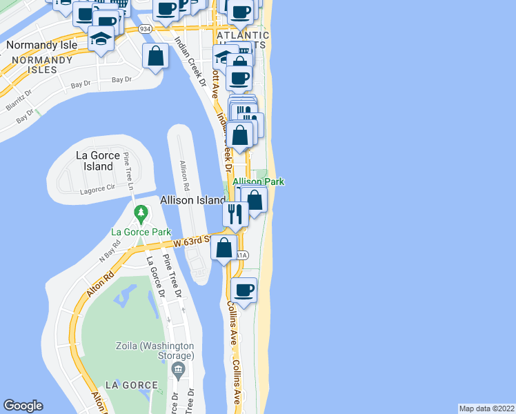 map of restaurants, bars, coffee shops, grocery stores, and more near 6423 Collins Avenue in Miami Beach