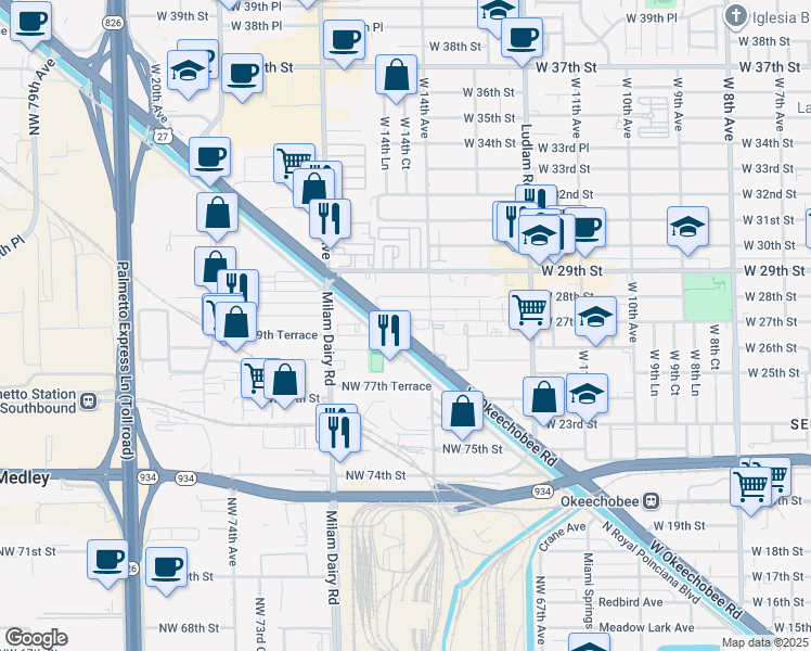 map of restaurants, bars, coffee shops, grocery stores, and more near 2775 Okeechobee Road in Hialeah