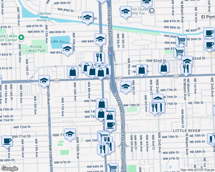 map of restaurants, bars, coffee shops, grocery stores, and more near 7820 Northwest 6th Court in Miami