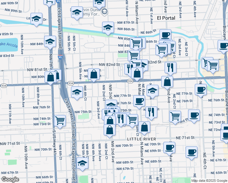 map of restaurants, bars, coffee shops, grocery stores, and more near 7731 Northwest 2nd Avenue in Miami