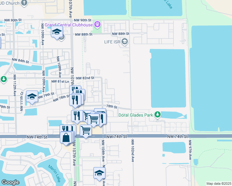 map of restaurants, bars, coffee shops, grocery stores, and more near 8025 Northwest 104th Avenue in Doral