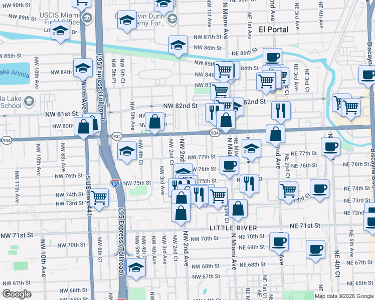 map of restaurants, bars, coffee shops, grocery stores, and more near 165 Northwest 78th Street in Miami