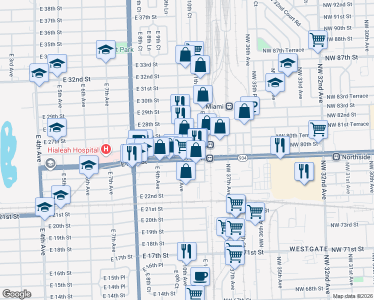 map of restaurants, bars, coffee shops, grocery stores, and more near 1001 East 26th Street in Hialeah