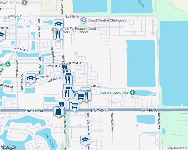 map of restaurants, bars, coffee shops, grocery stores, and more near 8195 Northwest 104th Avenue in Doral