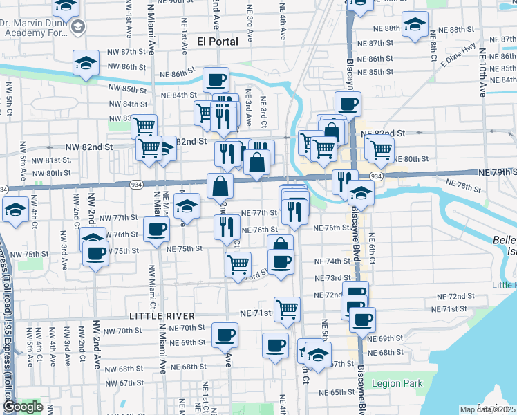 map of restaurants, bars, coffee shops, grocery stores, and more near 341 Northeast 77th Street in Miami