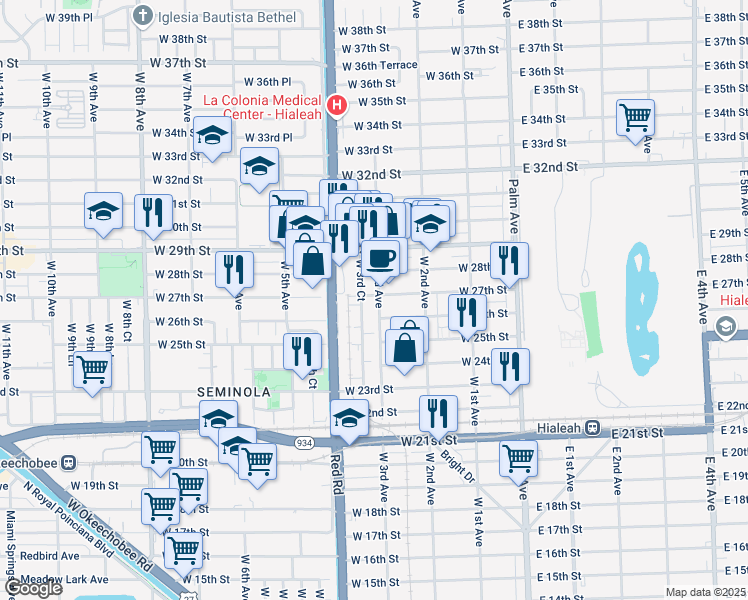 map of restaurants, bars, coffee shops, grocery stores, and more near 2750 West 3rd Court in Hialeah