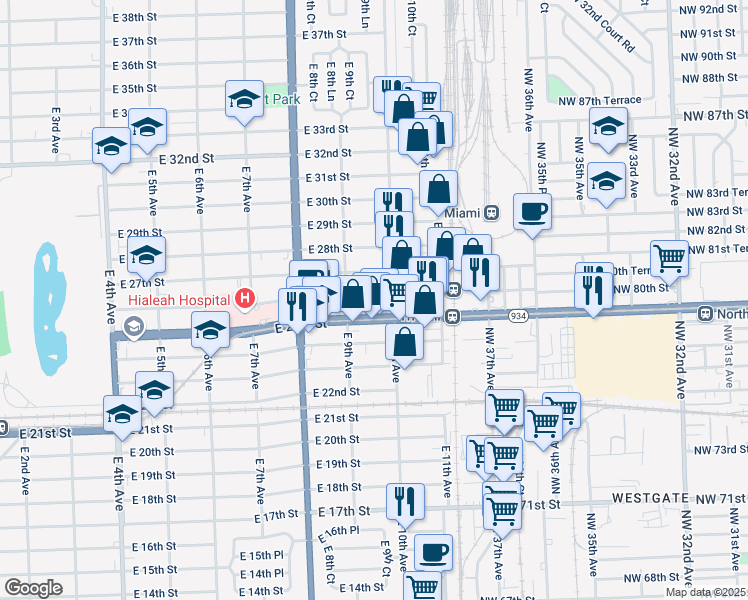 map of restaurants, bars, coffee shops, grocery stores, and more near 931 East 26th Street in Hialeah