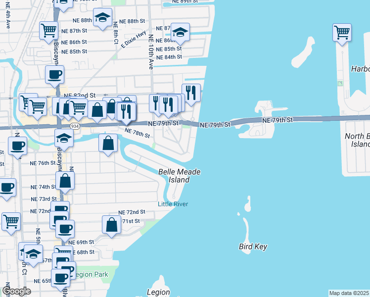 map of restaurants, bars, coffee shops, grocery stores, and more near 7800 Northeast Bayshore Court in Miami