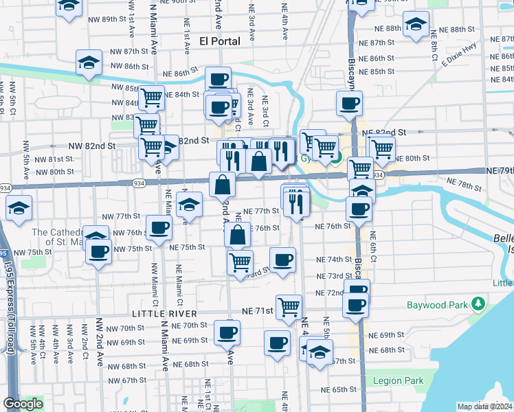 map of restaurants, bars, coffee shops, grocery stores, and more near 274 Northeast 78th Street in Miami