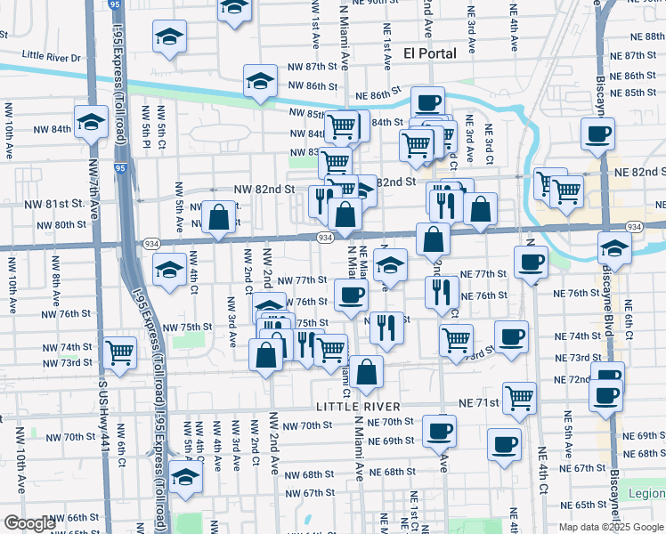 map of restaurants, bars, coffee shops, grocery stores, and more near 25 Northwest 78th Street in Miami