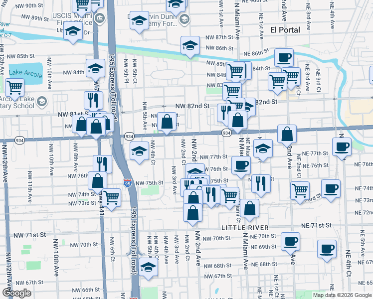 map of restaurants, bars, coffee shops, grocery stores, and more near 7748 Northwest 2nd Court in Miami