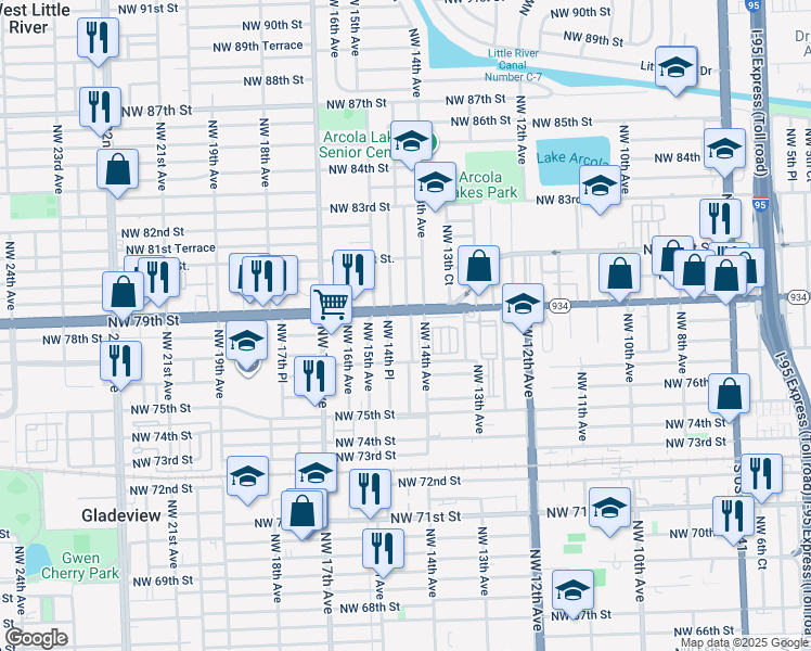 map of restaurants, bars, coffee shops, grocery stores, and more near in West Little River
