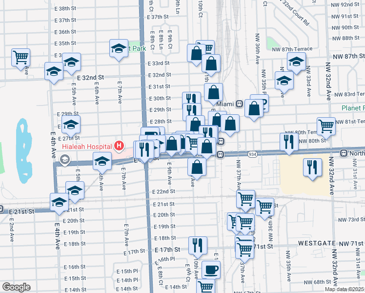 map of restaurants, bars, coffee shops, grocery stores, and more near 931 East 26th Street in Hialeah