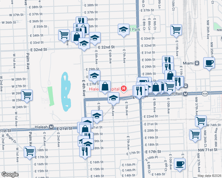 map of restaurants, bars, coffee shops, grocery stores, and more near 560 East 27th Street in Hialeah