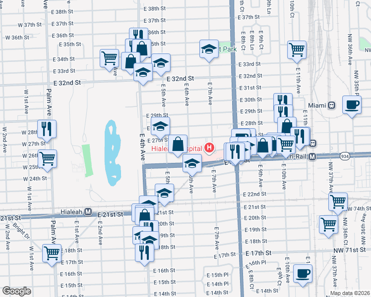 map of restaurants, bars, coffee shops, grocery stores, and more near 560 East 27th Street in Hialeah