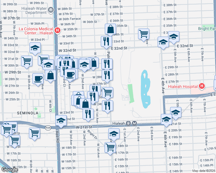 map of restaurants, bars, coffee shops, grocery stores, and more near 38 West 27th Street in Hialeah