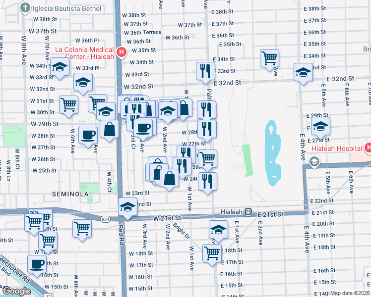 map of restaurants, bars, coffee shops, grocery stores, and more near 104 West 27th Street in Hialeah