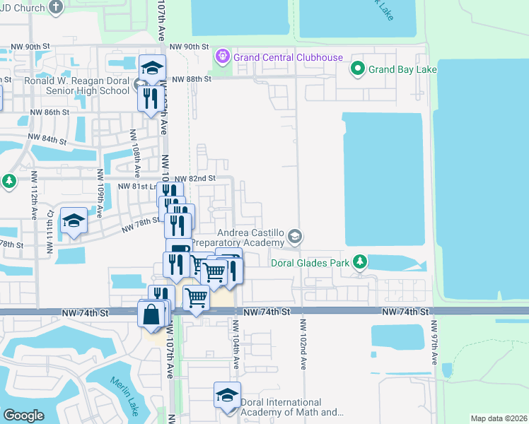 map of restaurants, bars, coffee shops, grocery stores, and more near 8025 Northwest 104th Avenue in Doral