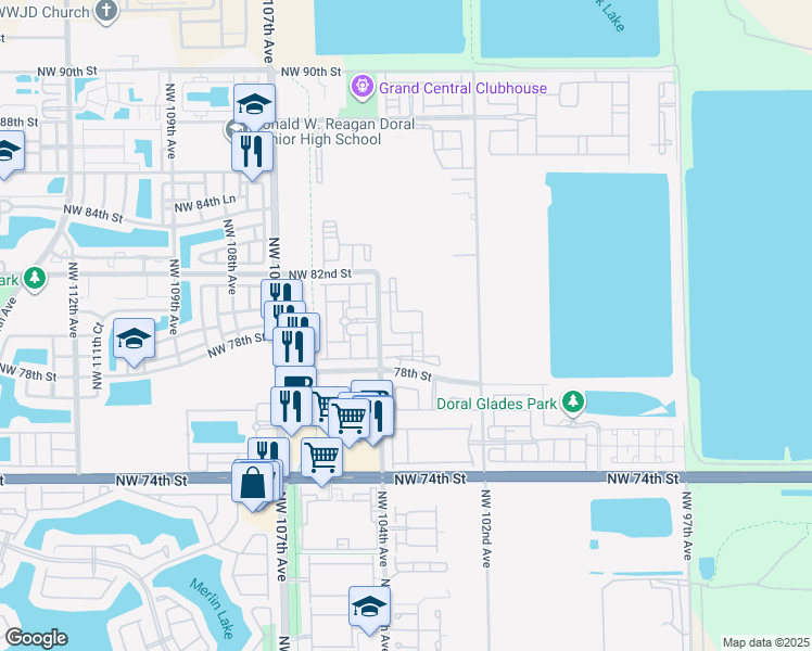 map of restaurants, bars, coffee shops, grocery stores, and more near 8195 Northwest 104th Avenue in Doral