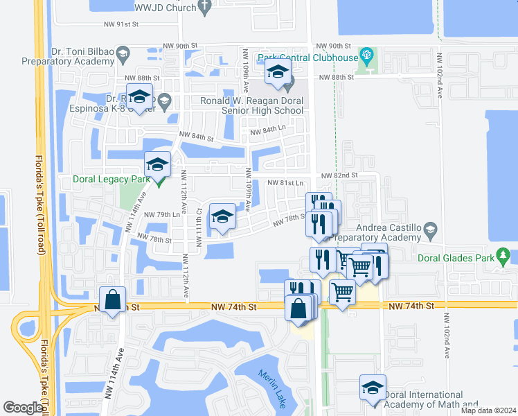 map of restaurants, bars, coffee shops, grocery stores, and more near 10909 Northwest 80th Lane in Miami