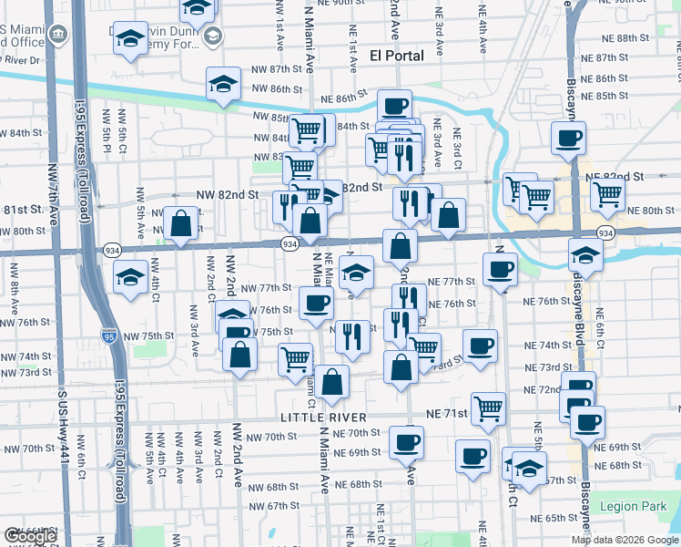 map of restaurants, bars, coffee shops, grocery stores, and more near 60 Northeast 78th Street in Miami