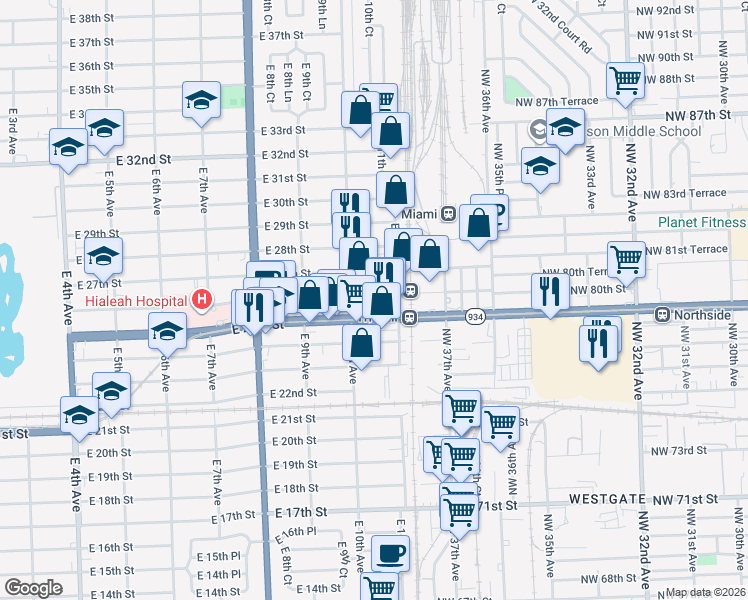 map of restaurants, bars, coffee shops, grocery stores, and more near 1091 East 26th Street in Hialeah