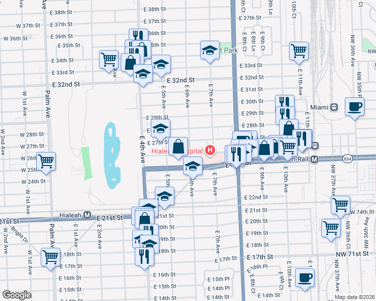 map of restaurants, bars, coffee shops, grocery stores, and more near 560 East 27th Street in Hialeah