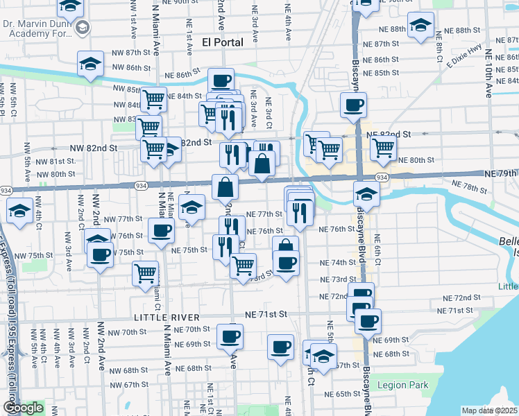 map of restaurants, bars, coffee shops, grocery stores, and more near 274 Northeast 78th Street in Miami