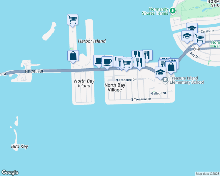 map of restaurants, bars, coffee shops, grocery stores, and more near in North Bay Village