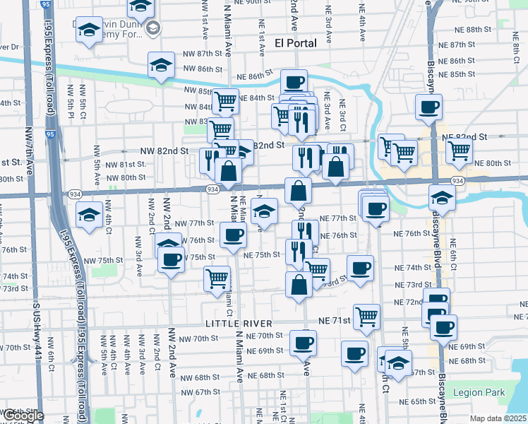 map of restaurants, bars, coffee shops, grocery stores, and more near 155 Northeast 78th Street in Miami