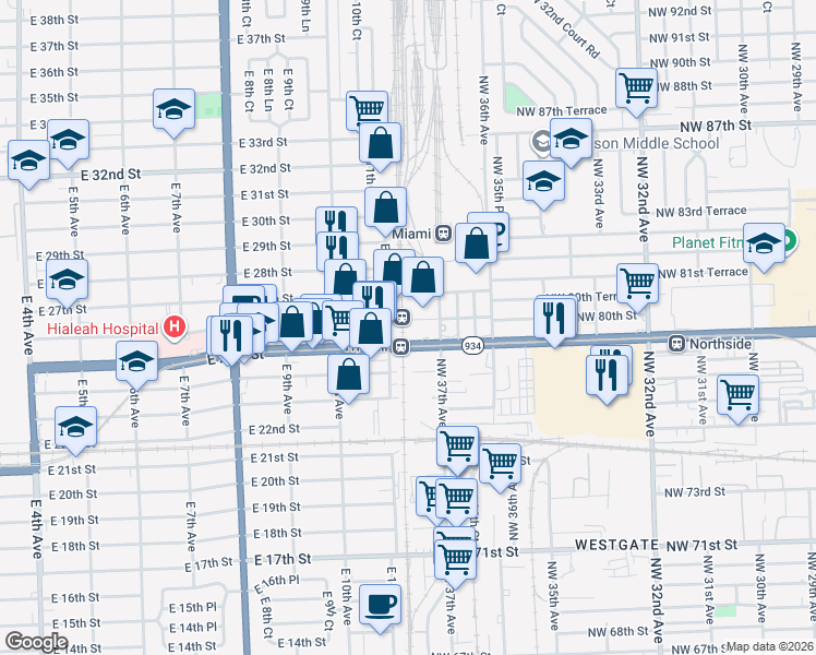 map of restaurants, bars, coffee shops, grocery stores, and more near in Hialeah
