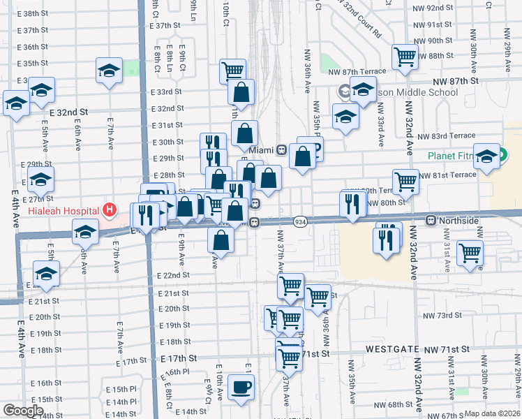 map of restaurants, bars, coffee shops, grocery stores, and more near in Hialeah